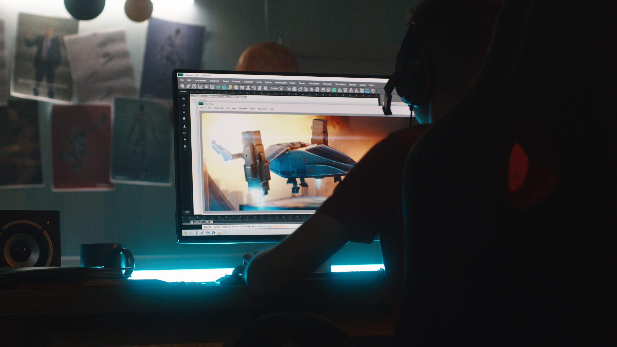 Unrecognizable teenager in headphones rendering 3D model of aircraft while creating cartoon on computer at night at home